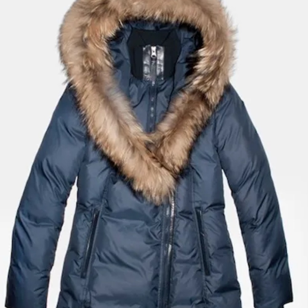 Mackage (S) Adali Down Coat Parka Jacket; blue w/fur trim